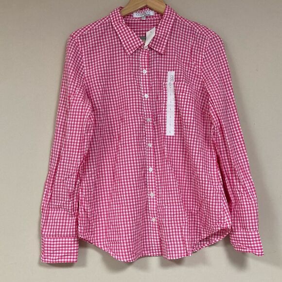 NWT Gingham Shirt Womens Large Picnic Plaid Pink White Checkered Button down Top - Picture 1 of 5